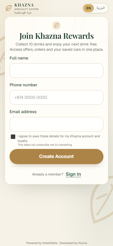 Khazna Specialty Coffee rewards signup screen